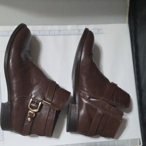 Unisa Brown Leather Zip Up Ankle Booties With Gold Buckle
